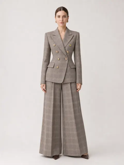 Taupe Plaid Double-Breasted Suit Two-Piece Set