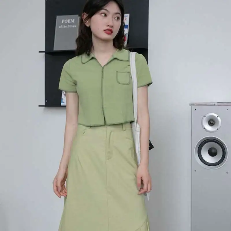 Women's Design Sense Of Short Blouse With Open-collar Lapel - Green