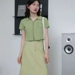Women's Design Sense Of Short Blouse With Open-collar Lapel - Green - View 1