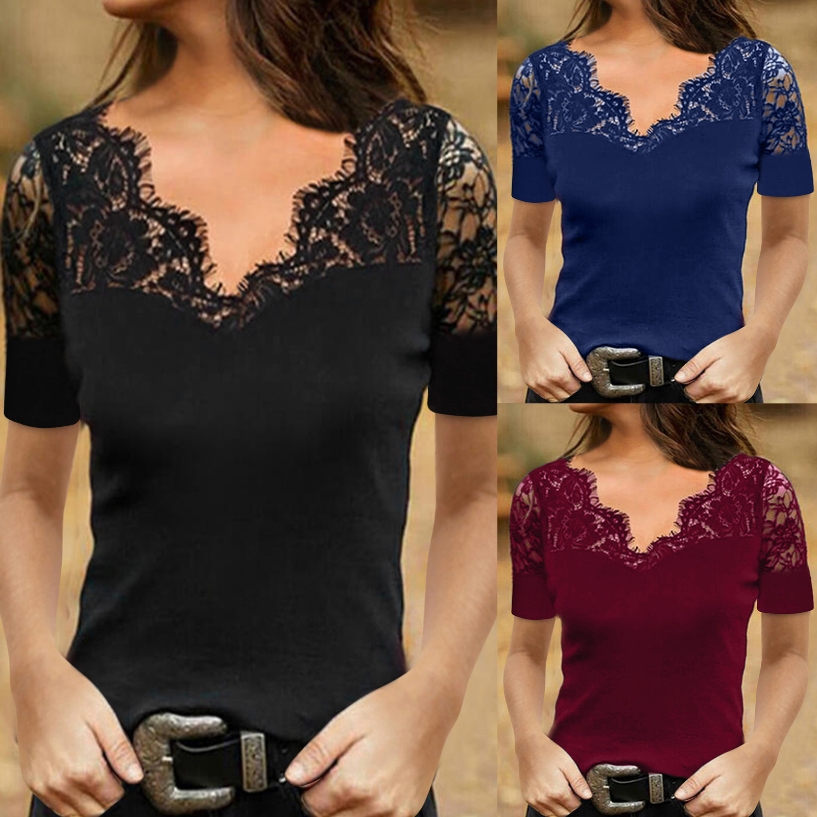 Title 3, V Neck Lace Trim Blouse With Short Sleeves