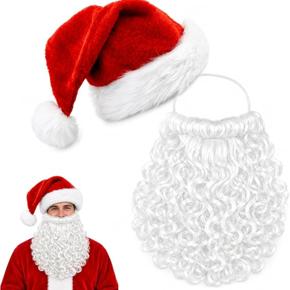 2PCS Santa Hat And Beard Set, Christmas Costume Accessories For Men & Women, Xmas Party Dress-Up Set