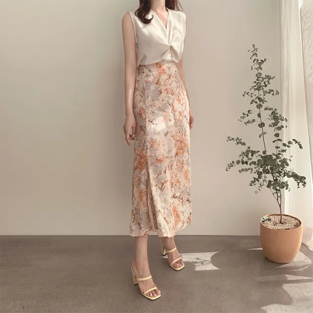 Vintage Chiffon Oil Painting Floral Skirt Grey Orange - Shop at LoveMi