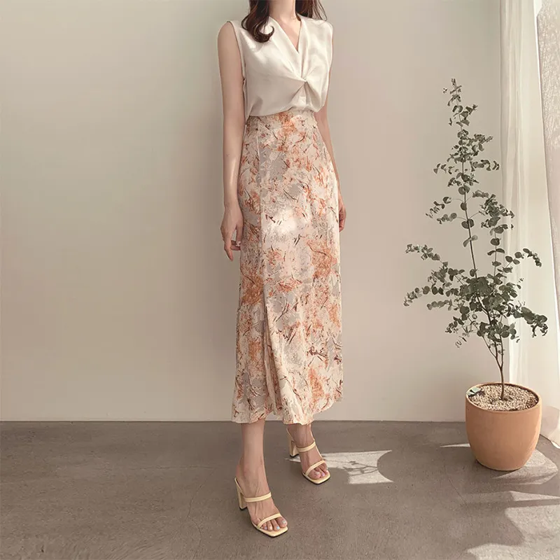 Vintage Chiffon Oil Painting Floral Skirt - Grey Orange