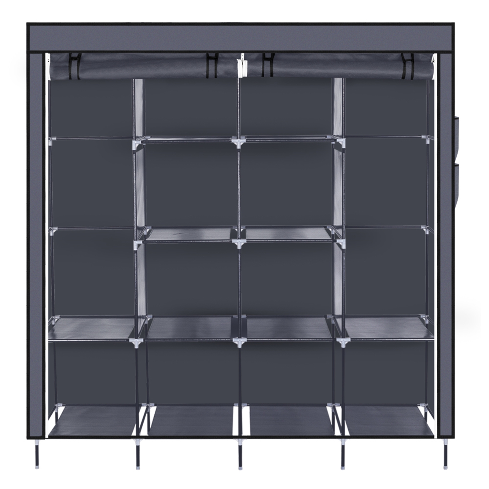 67 Inch Clothes Closet Portable Wardrobe Clothes Storage Rack 12 Shelves 4 Side Pockets Gray