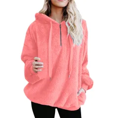 Long-sleeved Zip-up Hooded Women's Fleece Sweater Jacket - Shrimp Powder - View 1