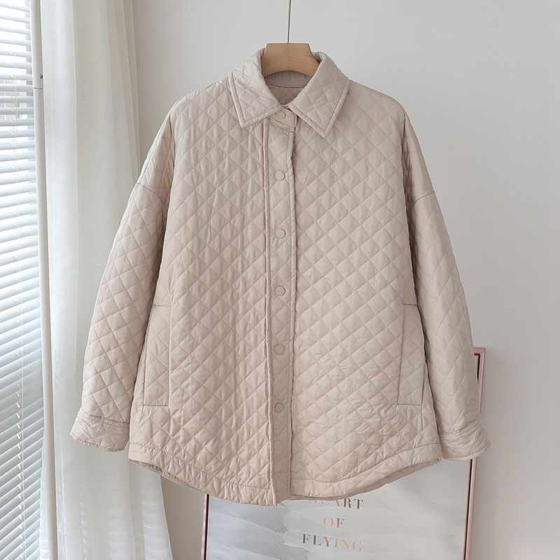 Quilted Loose Lapel Light And Thin Rhombic Cotton Dress Women Casual Light Khaki - Shop at LoveMi