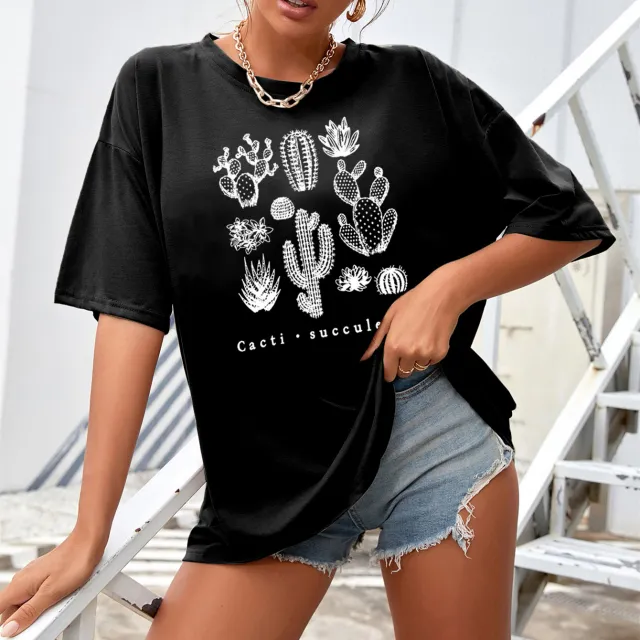 Women's Cactus Print Short Sleeve Black - Shop at LoveMi