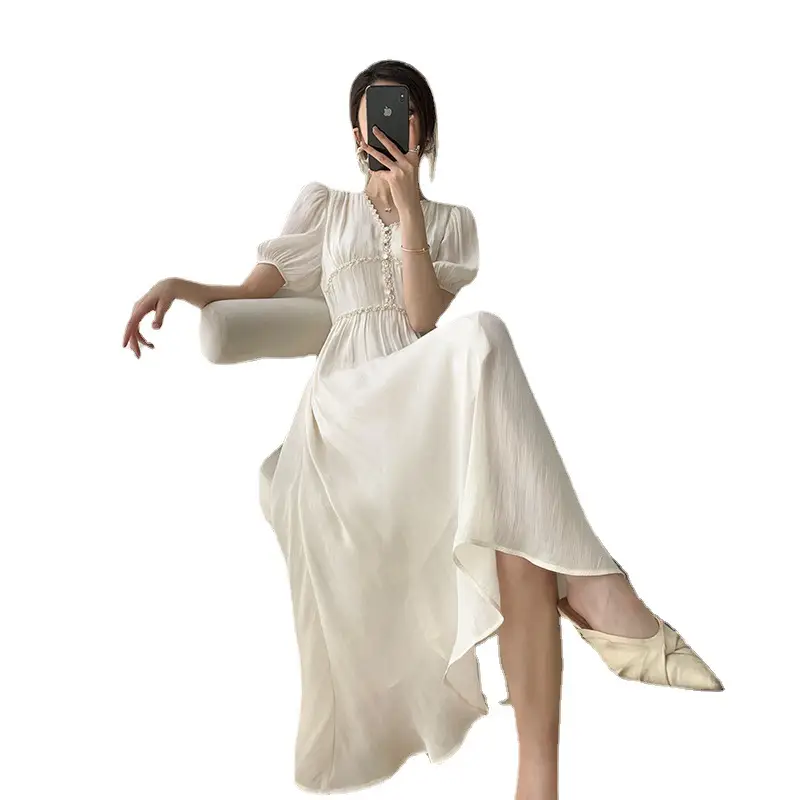 Women's V-neck French Vintage Bubble Sleeved Long Skirt