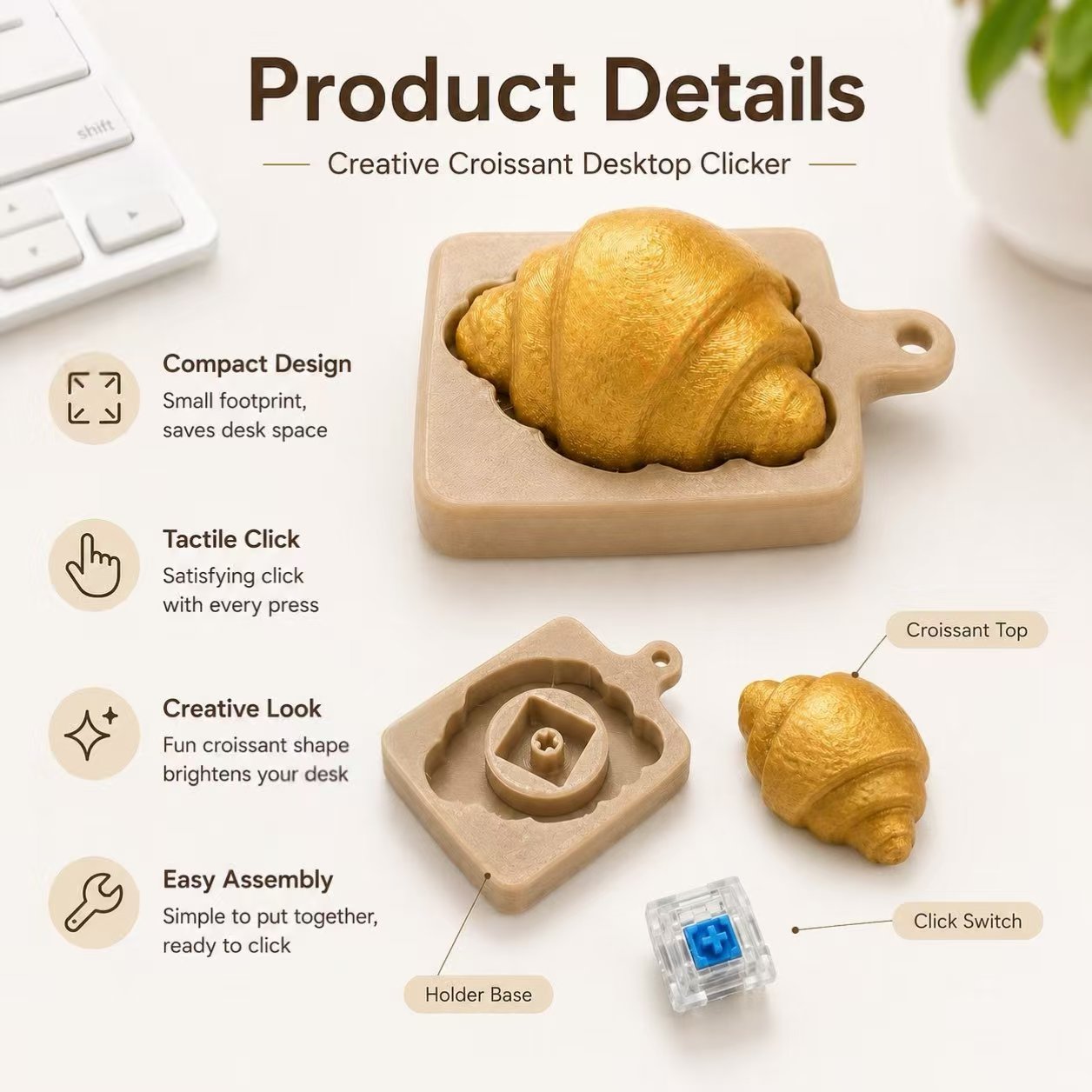 3D Printed Croissant Fidget Clicker, Desktop Press Clicker With Base, Cute Bread Desk Accessory For Office And Home