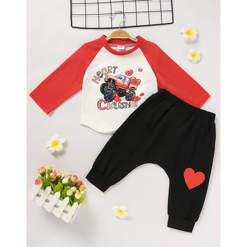 2pcs Baby Boy's 'Heart Crusher' Print Valentine's Day Set, Long Sleeve T Shirt Top & Black Heart Print Pants — view 5