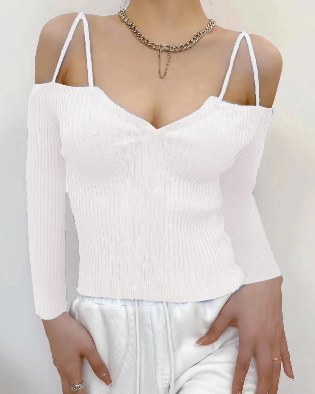Long Sleeve Sexy Backless Top Knitted Suspender Women's Wear - White