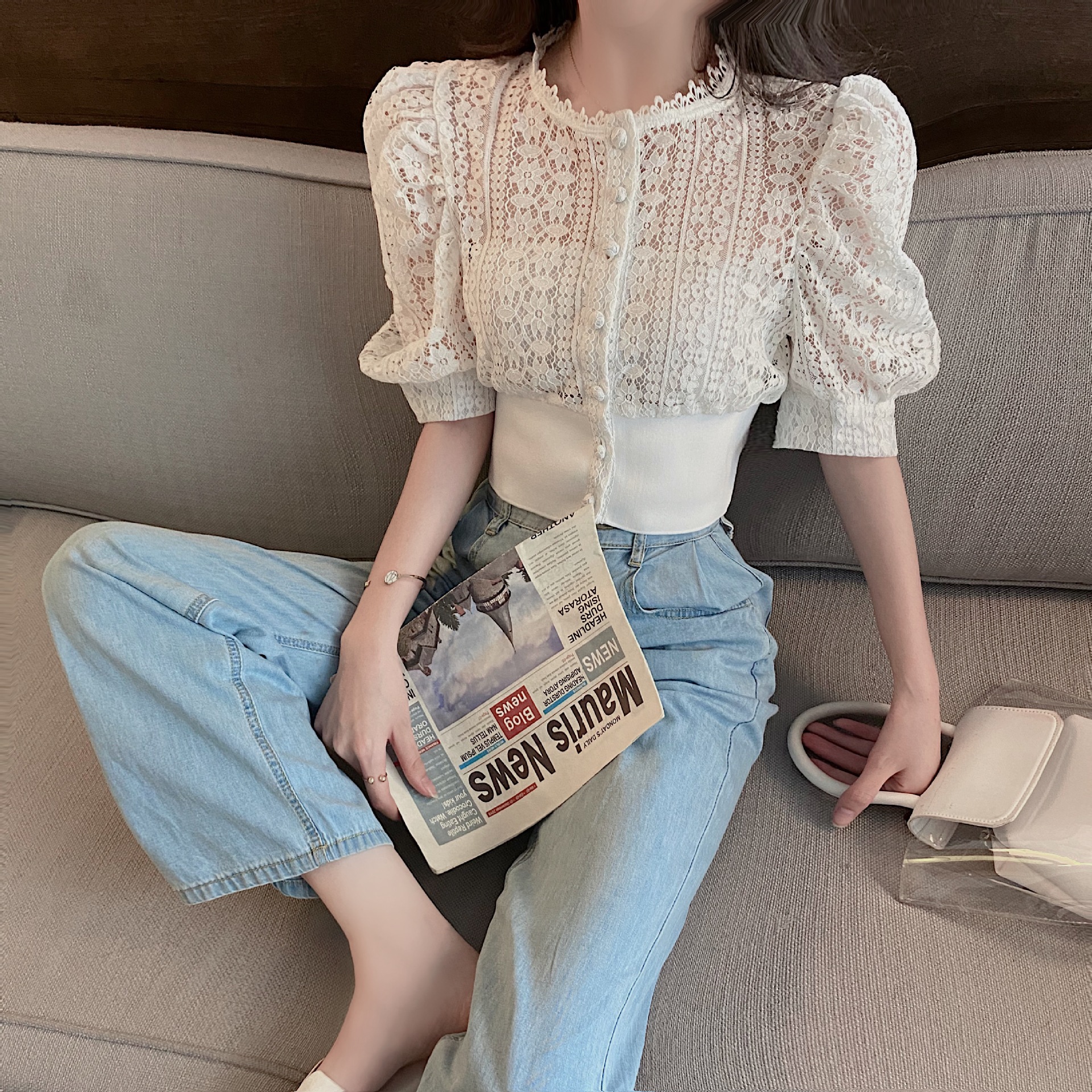 Title 7, Lace Stitching Hollow Short Sleeve Cardigan Top...