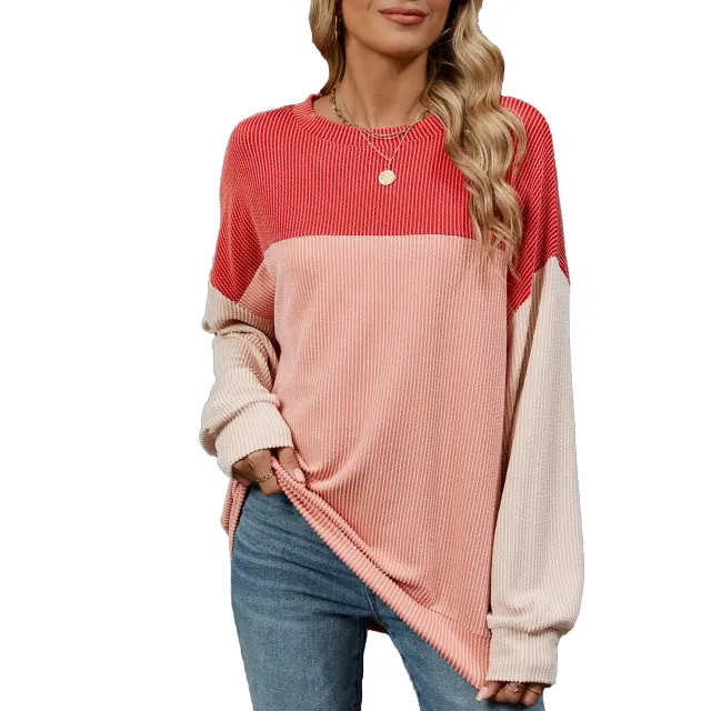 Fashion Contrast color Round Neck Long Sleeve T shirt Casual Pullover Top For Womens Clothing Pink - Shop at LoveMi