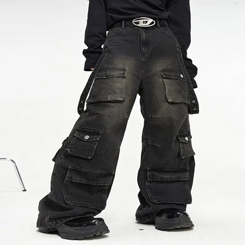 Multi Pocket Vintage Wide Leg Jeans for Men