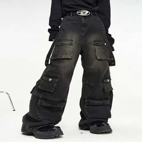 Multi Pocket Vintage Wide Leg Jeans for Men