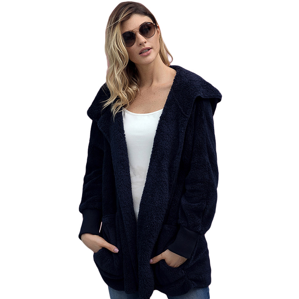 Women's Winter New Solid Color Cardigan Plush Jacket Blue - Shop at LoveMi
