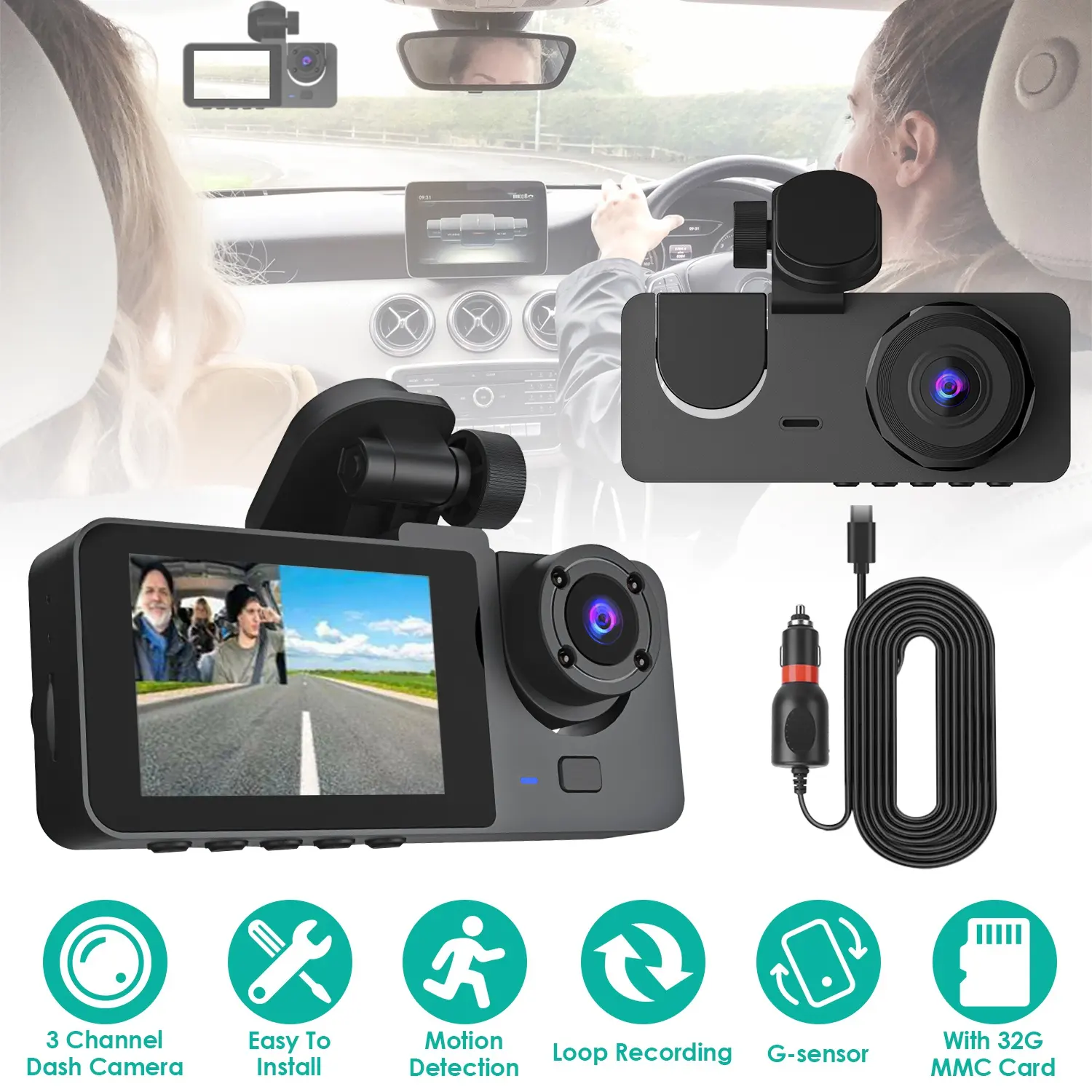3 Channel Dash Cam Front Inside Rear