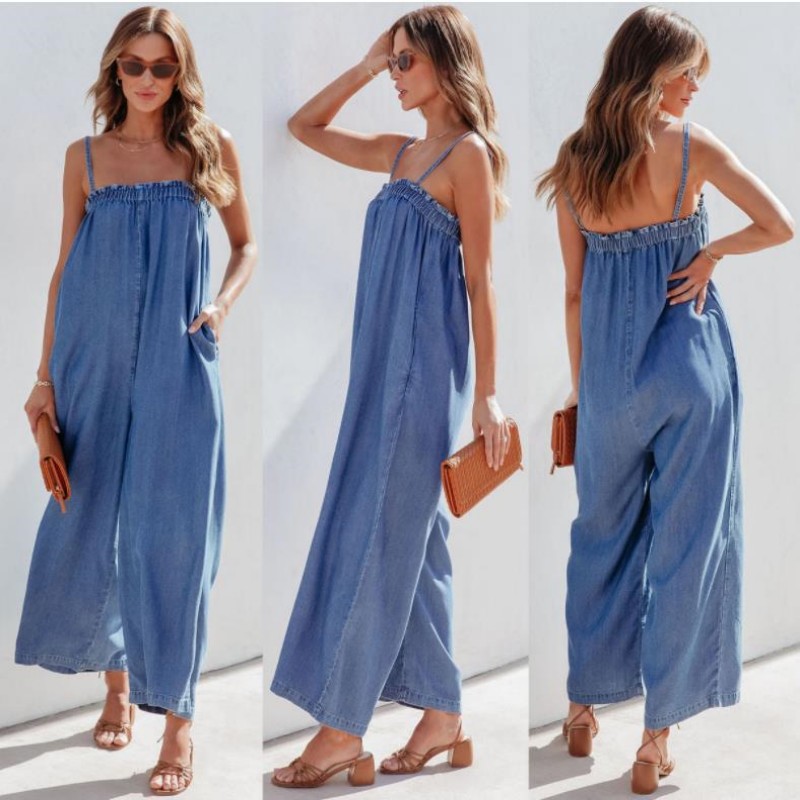 Title 2, Casual Loose Denim High Waist Suspender Jumpsuit