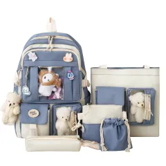 Large-capacity Sturdy Girl's Heart Durable Backpack Five-piece Set - Blue - View 1