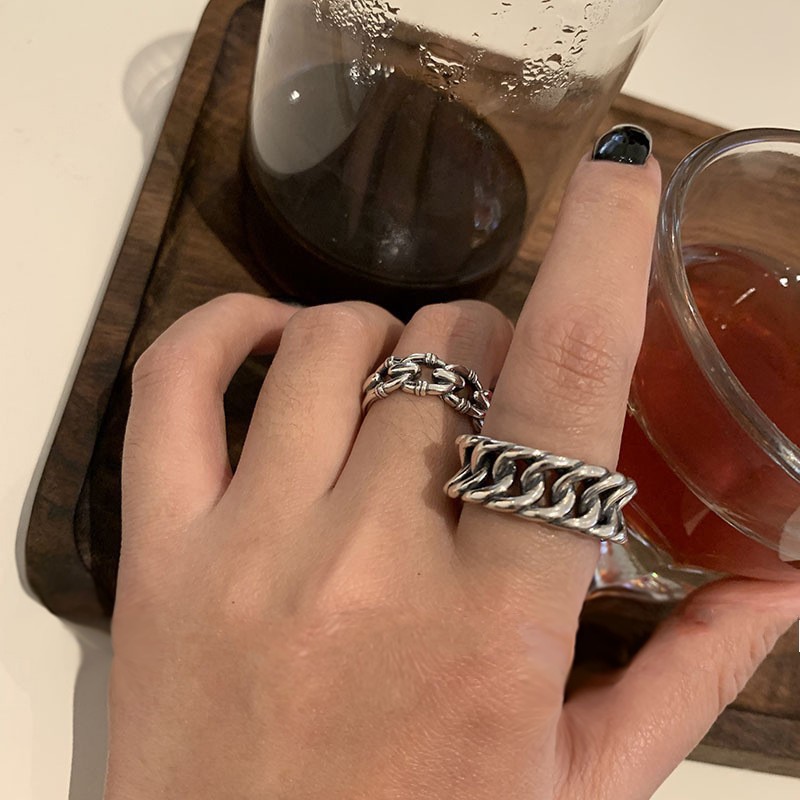 Thai Silver Letters Geometric Chain Ring Female
