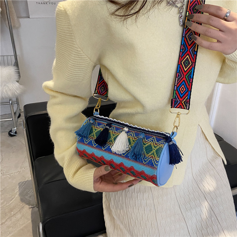 Women's Ethnic Contrast Embroidered Thread Cylinder Messenger Bag — image 1
