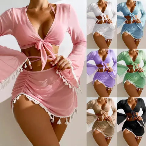 4pcs Solid Color Bikini with Short Skirt and Long