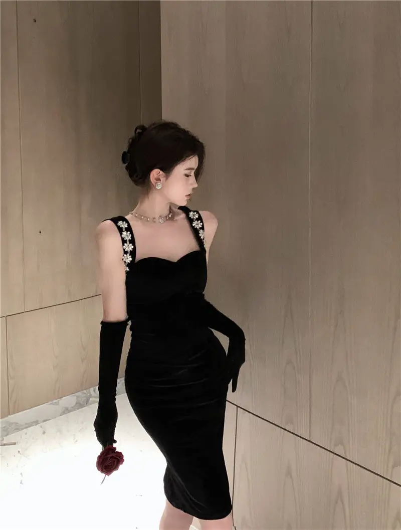 Women's Diamond Velvet Sexy Suspender Dress