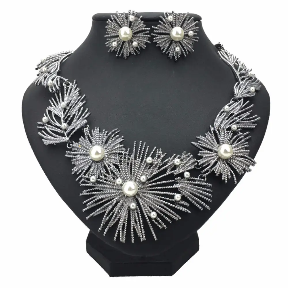 Faux Pearl Wedding Necklace Earrings Set Alloy