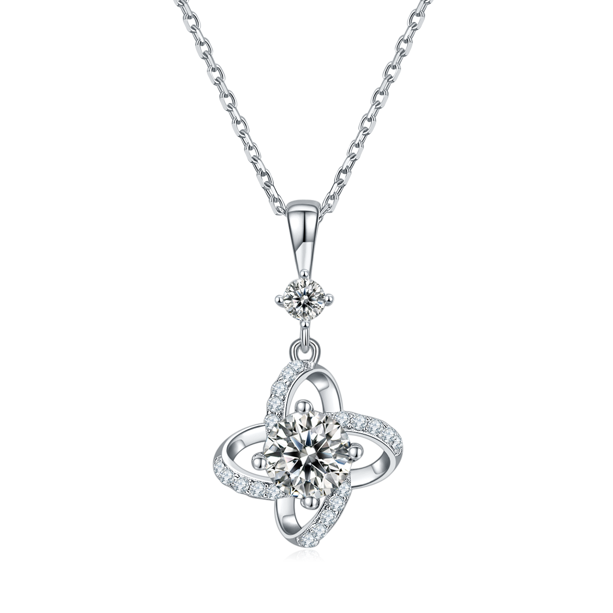 S925 Sterling Silver 4-Leaf Clover Necklace, 6.5mm Moissanite & Lab-Grown Gemstone, Platinum Plated 45cm Chain, 2.8g Women's Fine Jewelry Gift Box