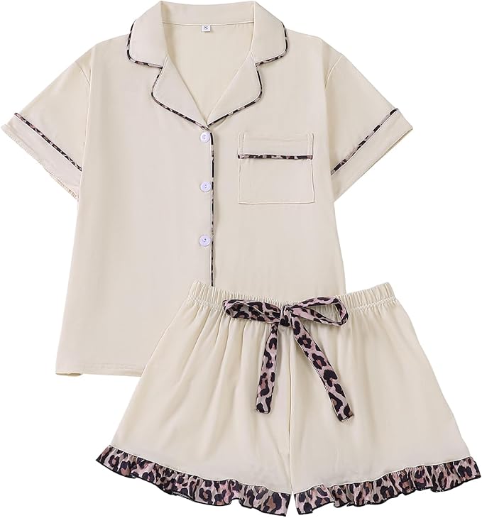 Rongtai Summer Pajamas For Women Set Short Sleeve Button Down - Brown-XL