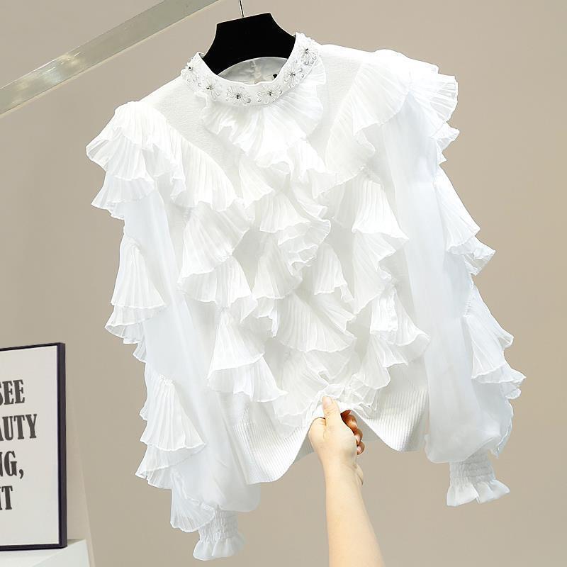 Sequins Beaded And Diamonds Ruffle Stitching Lantern Sleeves Stand-collar Hollow Knit Sweater