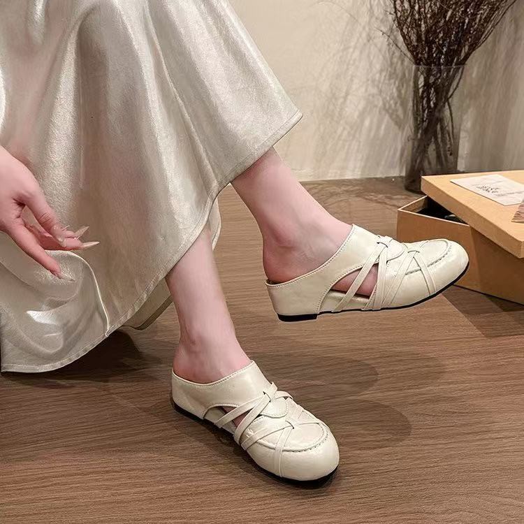 Women French Crisscross Strap Hollow Out Mule Sandals, Summer Outdoor Wear Hidden Wedge Commuter Slip-On Closed Toe Slides
