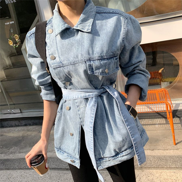 Title 6, Large lapel belt tie denim jacket