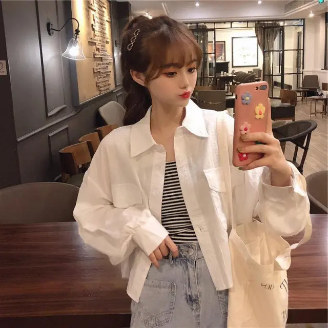 Korean Style Loose Long sleeved Shirt Student All match Blouse White - Shop at LoveMi