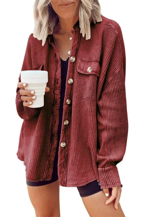 Casual Lapel Pocket Stitching Irregular Shirt Jacket Red - Shop at LoveMi