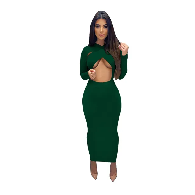 Pure Color Temperament Commuter Wrapped Chest Long Sleeve Midi Dress Green - Shop at LoveMi