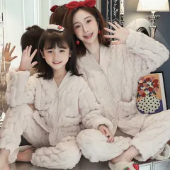 Girls Pyjamas Coral Velvet Thickened Parent-child Mother And Daughter Clothes Set - White - View 1