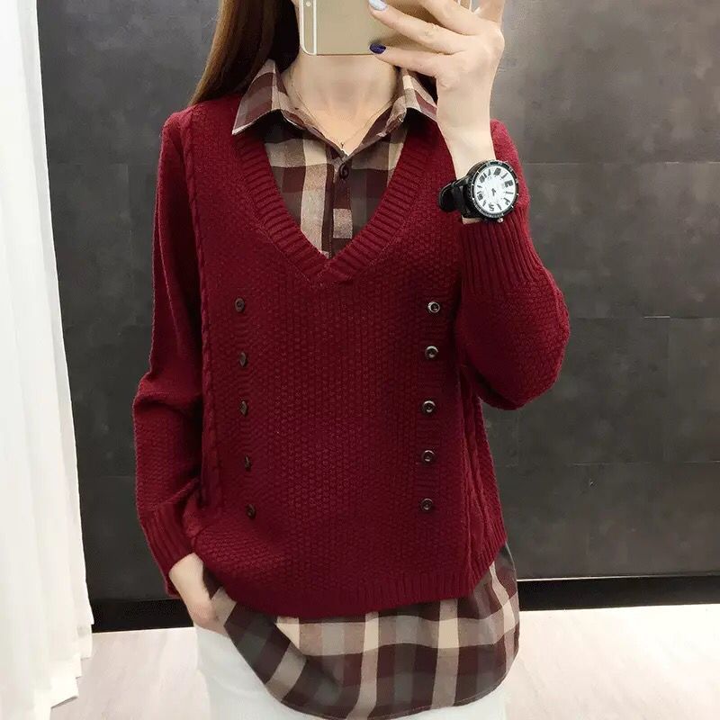 Blouse Collar Fake Two Piece Loose Knit Sweater