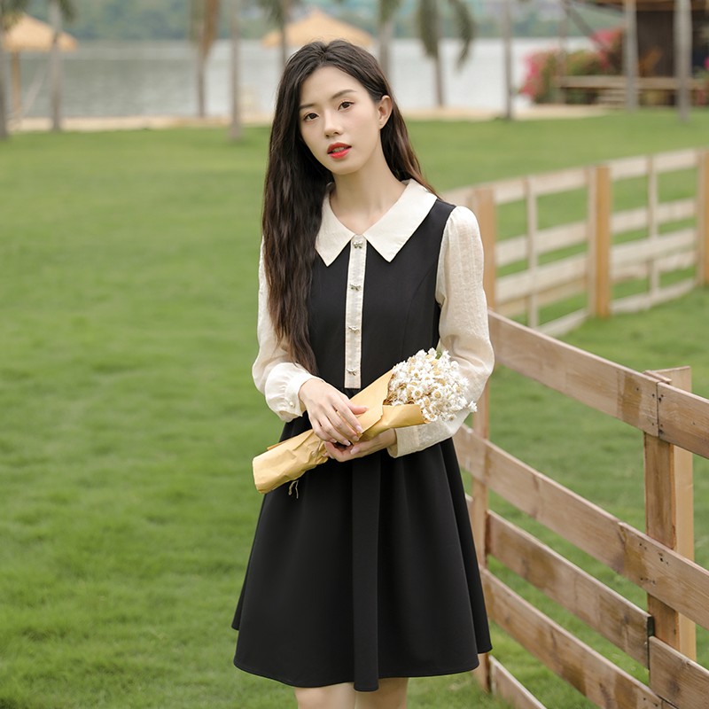 Women's Dress With Waist And Thin French Long-sleeved Doll Collar
