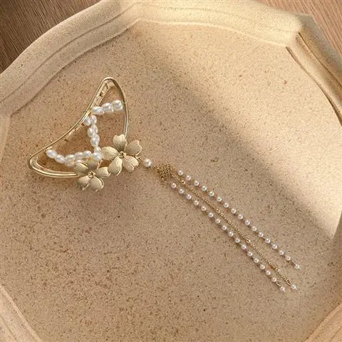 Large Metal Grab Clip On Back Of Head With Pearl Bow Floral Fringe Gripper - Shop at LoveMi