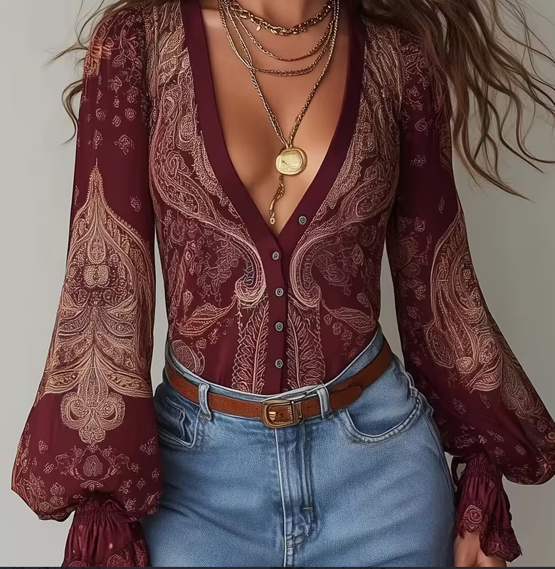 Paisley V-neck Puff Sleeve Women's Slim-fit Blouse