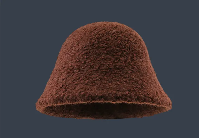 Solid Color Warm Wool Bucket Hat Show Face Coffee - Shop at LoveMi