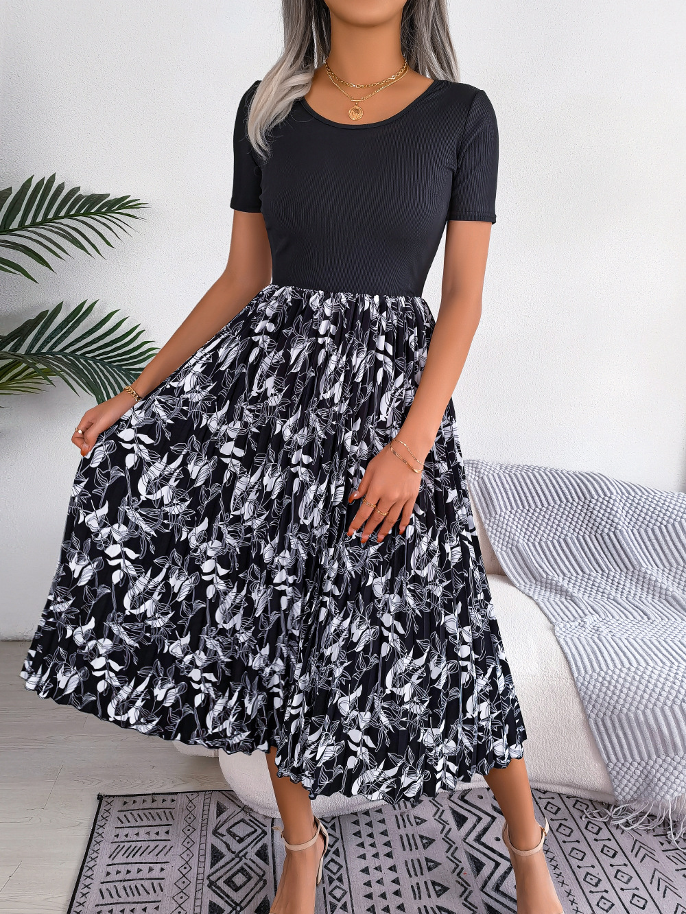 Women Casual Leaf Print High Waist Pleated Midi Dress - Image 14