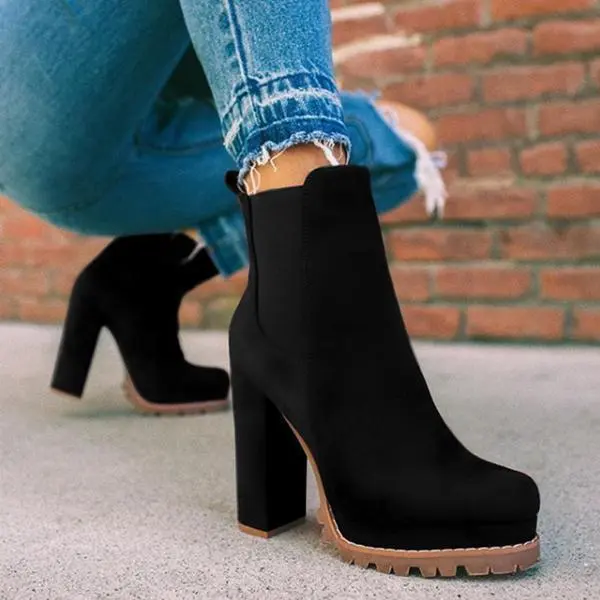 Round toe Ankle Boots Solid Leopard Print Thick Square High Heel Shoes Ladies Casual Fashion Autumn Winter Suede Dress Party Boots Black - Shop at LoveMi
