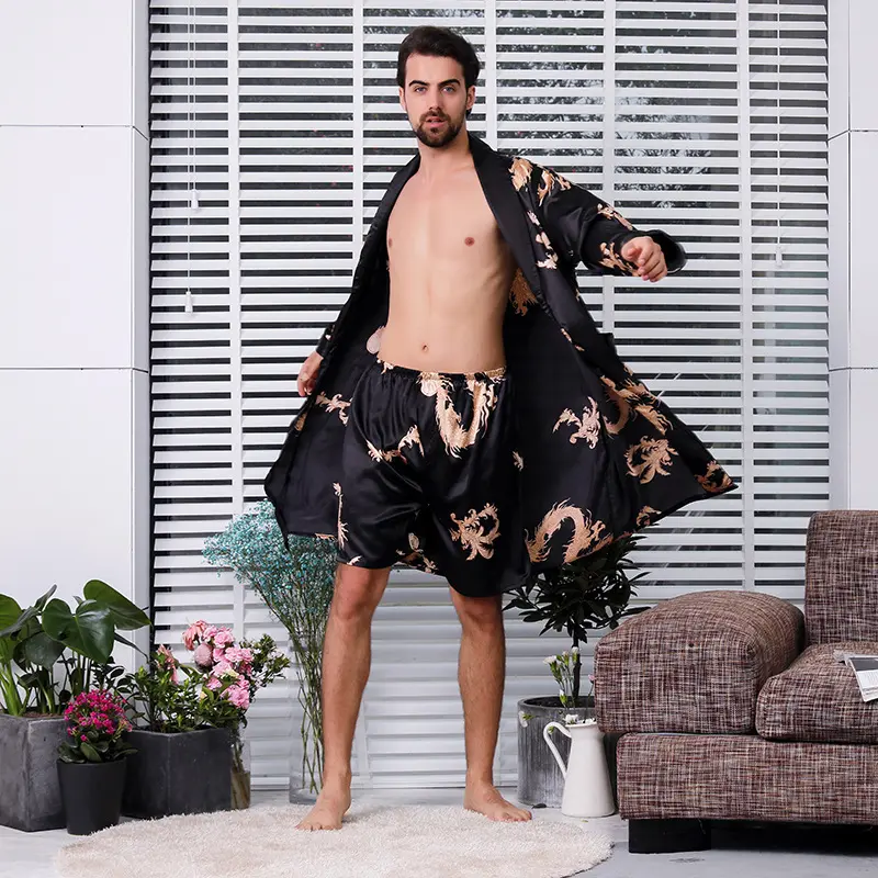Two-piece Suit Of Dragon Pattern Bathrobe Silk