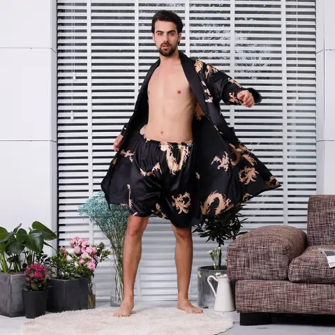 Two-piece Suit of Dragon Pattern Bathrobe Silk Nightgown