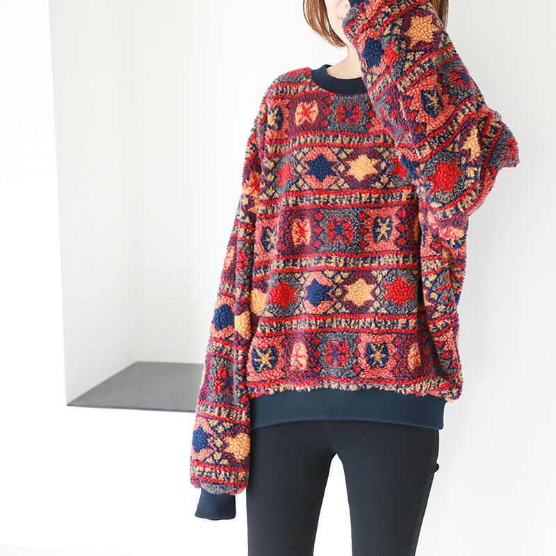 Retro Printed Lamb Wool Round Neck Pullover Ethnic Style Blouse Women