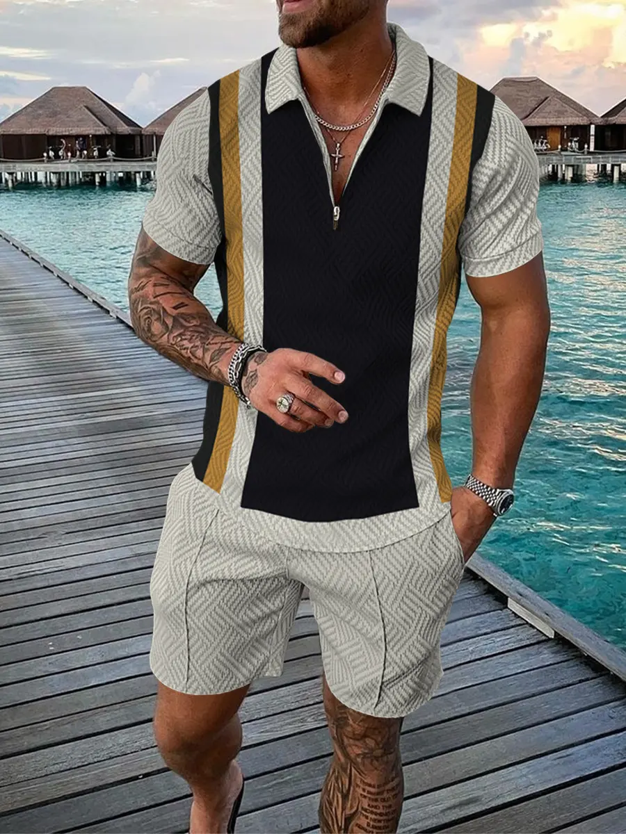 Men's Casual Color Contrast POLO Zip Lapel Shirt Short