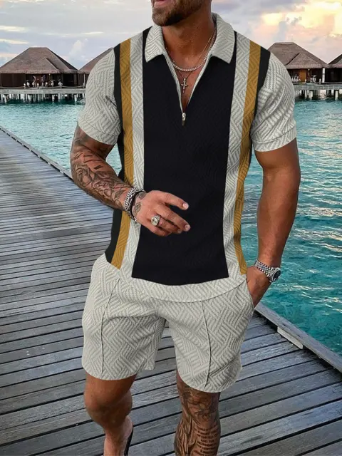 Men's Casual Color Contrast POLO Zip Lapel Shirt Short