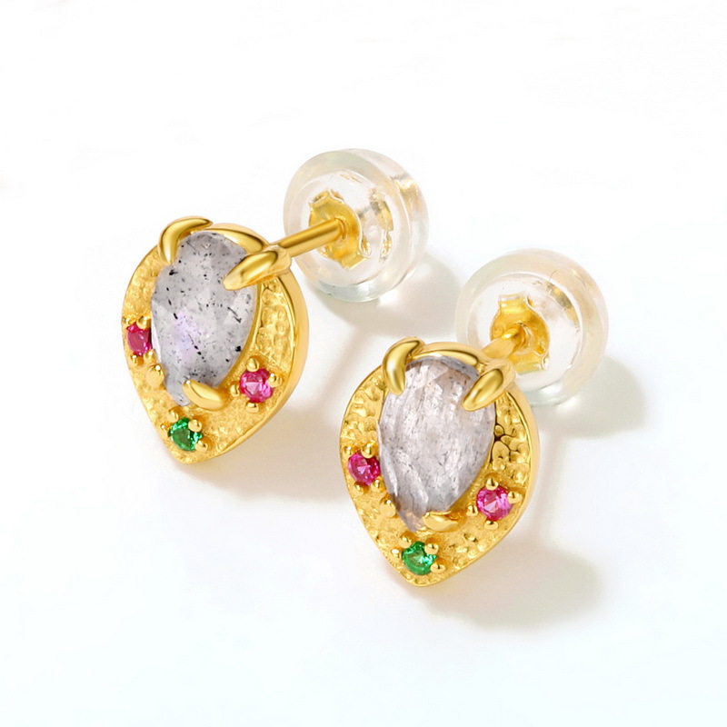 Light Luxury Vintage Natural Stone Sterling Silver Leaf Stud Earrings